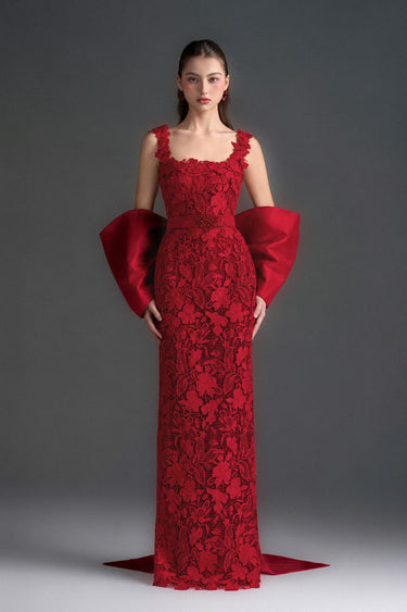 Red Floral Garden Lace Square-Neck Column Dress With Large Back Bow - IHF STUDIO