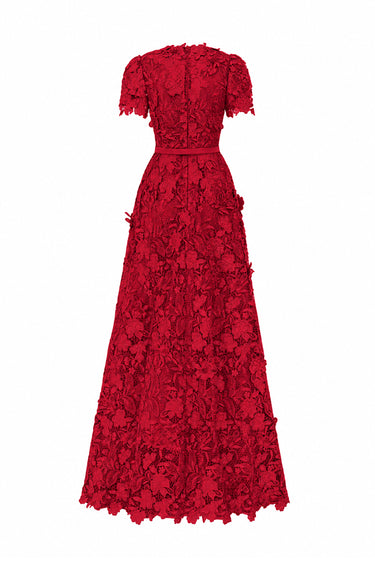 Red Floral Garden Short Sleeves A-Line Maxi Dress - IHF STUDIO