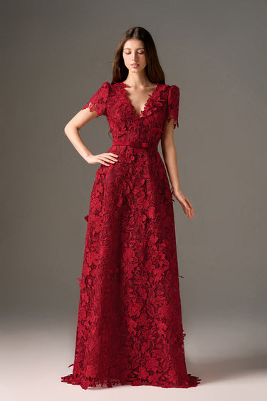 Red Floral Garden Short Sleeves A-Line Maxi Dress - IHF STUDIO