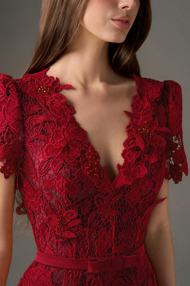 Red Floral Garden Short Sleeves A-Line Maxi Dress - IHF STUDIO