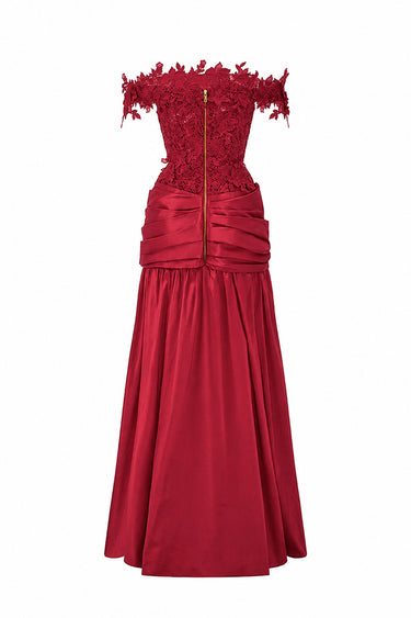 Red Floral Vine Lace Off-Shoulder A-line Dress With Draped Details Taffeta - IHF STUDIO