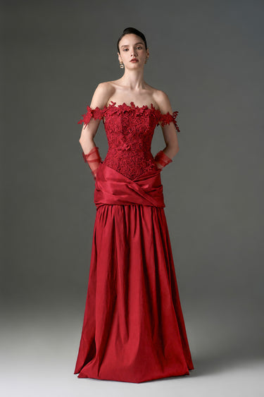 Red Floral Vine Lace Off-Shoulder A-line Dress With Draped Details Taffeta - IHF STUDIO