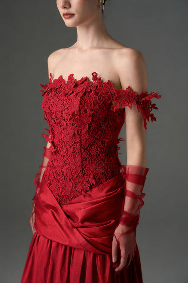 Red Floral Vine Lace Off-Shoulder A-line Dress With Draped Details Taffeta - IHF STUDIO