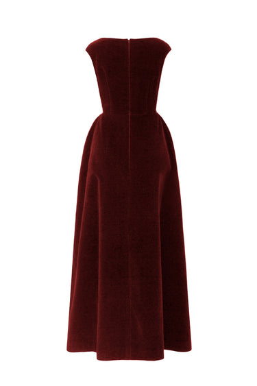 Red Lyon Velvet A-Line Midi Dress With Branch & Flower Embellishments - IHF STUDIO