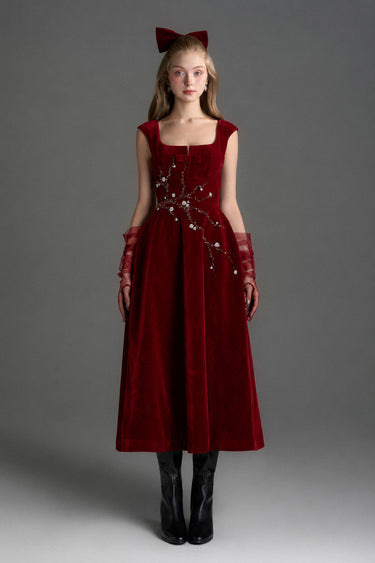 Red Lyon Velvet A-Line Midi Dress With Branch & Flower Embellishments - IHF STUDIO