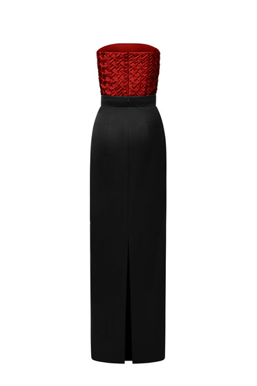 Red Silk Square Crisscross Strapless Column Dress with Black Silk Taffeta - IHF STUDIO