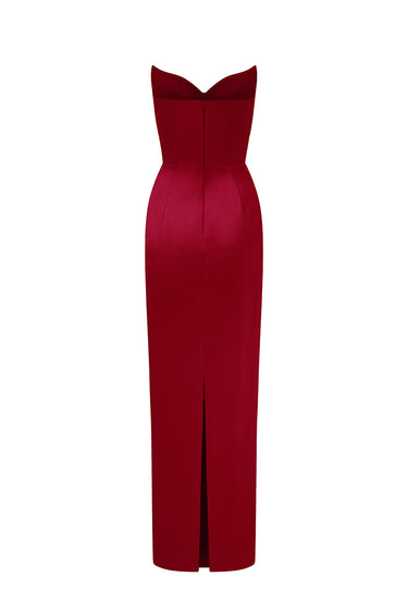 Red Silk Taffeta Bustier Column Dress With Lotus Pental-Shaped - IHF STUDIO