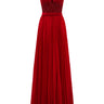 Red Taffeta Pleated Chiffon Maxi A-line Gown with Sequin Floral Cape Panel - IHF STUDIO