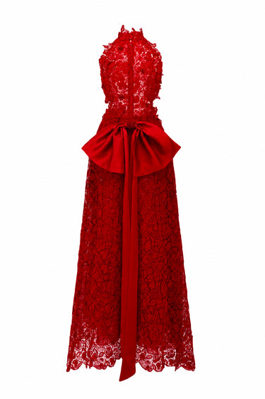 Red Vine Floral Lace Halter Midi A-Line Dress With Waist Cut-Out And Red Crystal Embellishment - IHF STUDIO