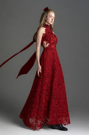 Red Vine Floral Lace Halter Midi A-Line Dress With Waist Cut-Out And Red Crystal Embellishment - IHF STUDIO