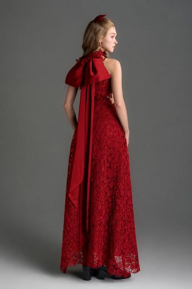 Red Vine Floral Lace Halter Midi A-Line Dress With Waist Cut-Out And Red Crystal Embellishment - IHF STUDIO