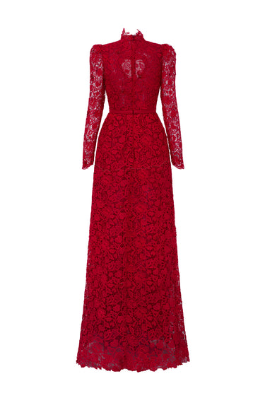 Red Vine Floral Lace Long-Sleeve Maxi Dress With Heart Cutout, Balloon Drawstring - IHF STUDIO