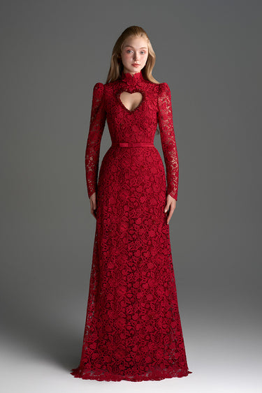 Red Vine Floral Lace Long-Sleeve Maxi Dress With Heart Cutout, Balloon Drawstring - IHF STUDIO