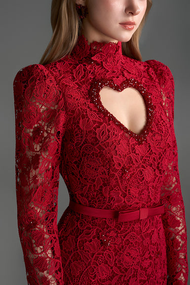 Red Vine Floral Lace Long-Sleeve Maxi Dress With Heart Cutout, Balloon Drawstring - IHF STUDIO