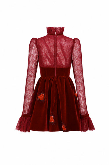 Red Vine Guipure Lace & Velvet Long-Sleeve Mini Dress With Draped Details And Heart-Shaped Embellishment - IHF STUDIO