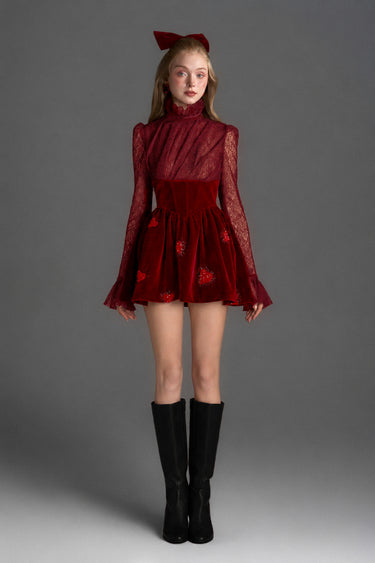 Red Vine Guipure Lace & Velvet Long-Sleeve Mini Dress With Draped Details And Heart-Shaped Embellishment - IHF STUDIO