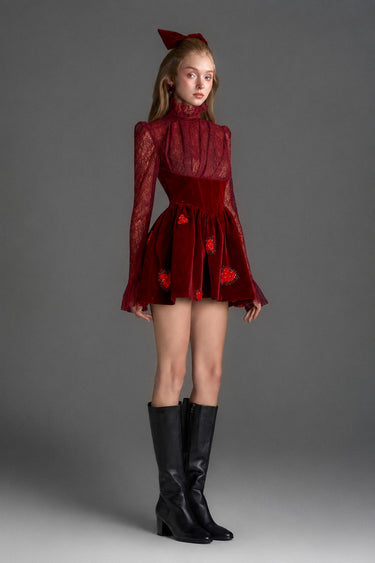 Red Vine Guipure Lace & Velvet Long-Sleeve Mini Dress With Draped Details And Heart-Shaped Embellishment - IHF STUDIO