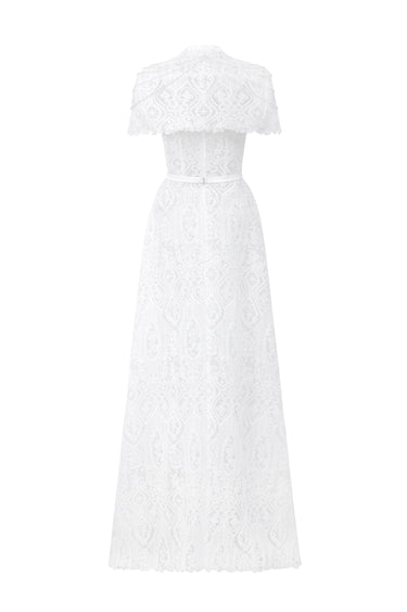 White Architectural Lace Bustier A-Line Dress With Mini Cape And Crystal Embellishment - IHF STUDIO