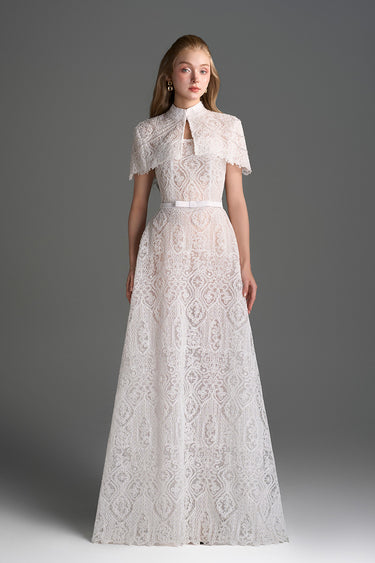 White Architectural Lace Bustier A-Line Dress With Mini Cape And Crystal Embellishment - IHF STUDIO
