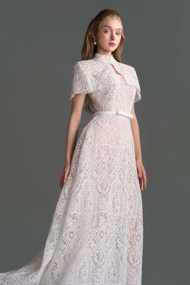 White Architectural Lace Bustier A-Line Dress With Mini Cape And Crystal Embellishment - IHF STUDIO