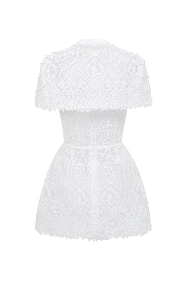 White Architechtural Lace Mini Dress With Cape - IHF STUDIO