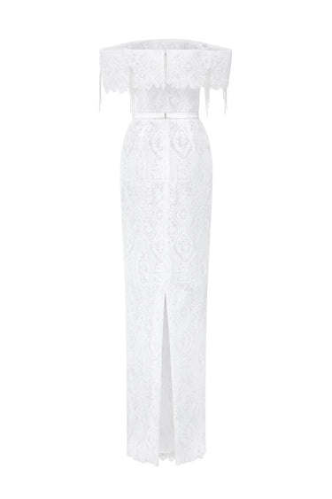 White Architectural Lace Off-Shoulder Dress With Crystal Embellishment - IHF STUDIO