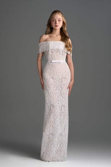 White Architectural Lace Off-Shoulder Dress With Crystal Embellishment - IHF STUDIO