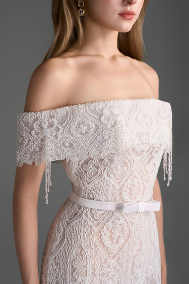 White Architectural Lace Off-Shoulder Dress With Crystal Embellishment - IHF STUDIO