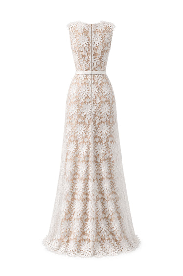 White Botanical Floral Lace Maxi A-Line Dress with Deep V-Neck Dress and Lace - IHF STUDIO
