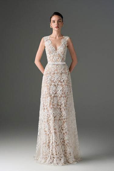 White Botanical Floral Lace Maxi A-Line Dress with Deep V-Neck Dress and Lace - IHF STUDIO
