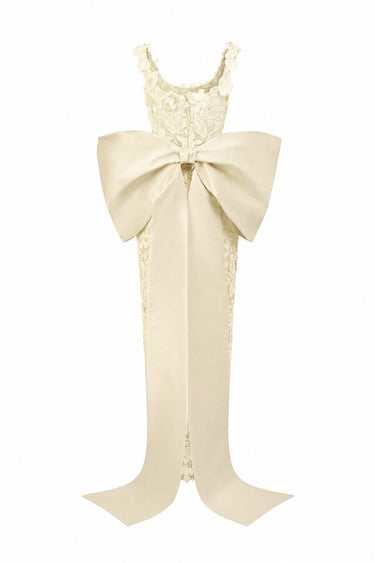 White Floral Garden Lace Square-Neck Column Dress With Large Back Bow - IHF STUDIO