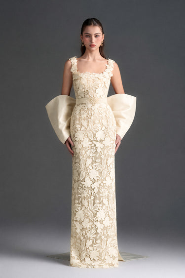 White Floral Garden Lace Square-Neck Column Dress With Large Back Bow - IHF STUDIO