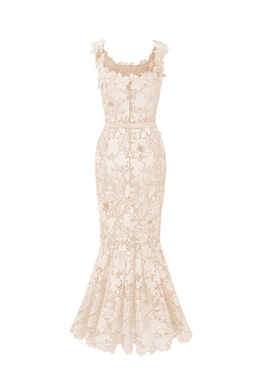 White Floral Garden Non-Sleeves Mermaid Midi Dress - IHF STUDIO