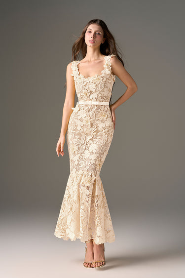 White Floral Garden Non-Sleeves Mermaid Midi Dress - IHF STUDIO