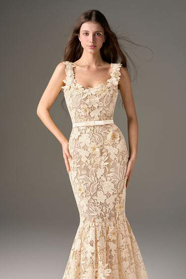 White Floral Garden Non-Sleeves Mermaid Midi Dress - IHF STUDIO