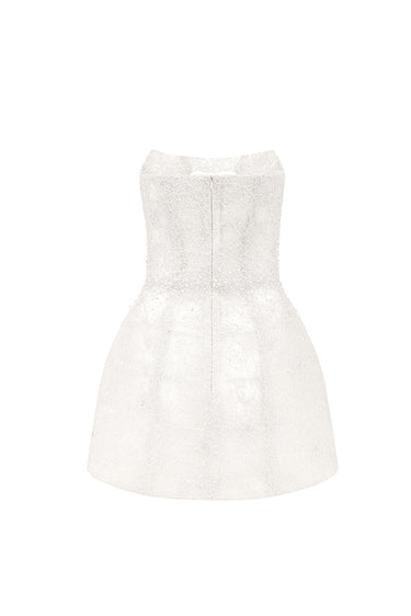 White Floral Mesh Lace Corset Bell-Shaped Mini Dress with Crystal Waist Embellishment - IHF STUDIO