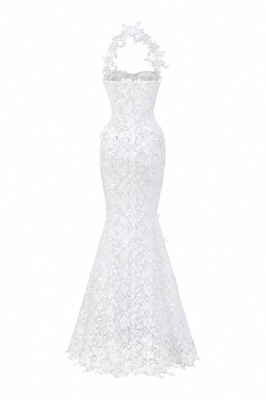White Floral Vine Lace mermaid maxi dress with cupped bodice - IHF STUDIO