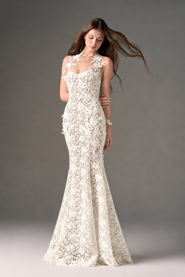 White Floral Vine Lace mermaid maxi dress with cupped bodice - IHF STUDIO