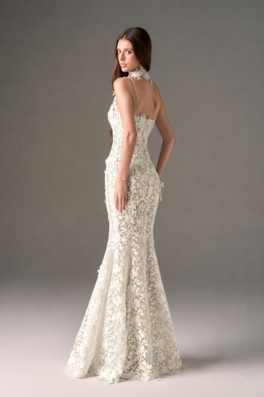 White Floral Vine Lace mermaid maxi dress with cupped bodice - IHF STUDIO