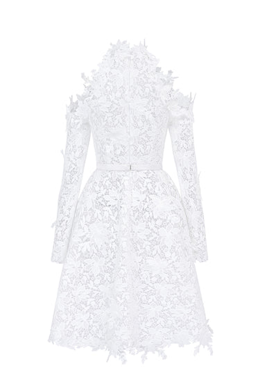 White Floral Vine Lace Mini Mullet Dress With Halter Neck And Long Sleeves - IHF STUDIO