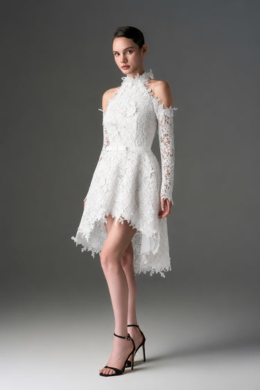 White Floral Vine Lace Mini Mullet Dress With Halter Neck And Long Sleeves - IHF STUDIO