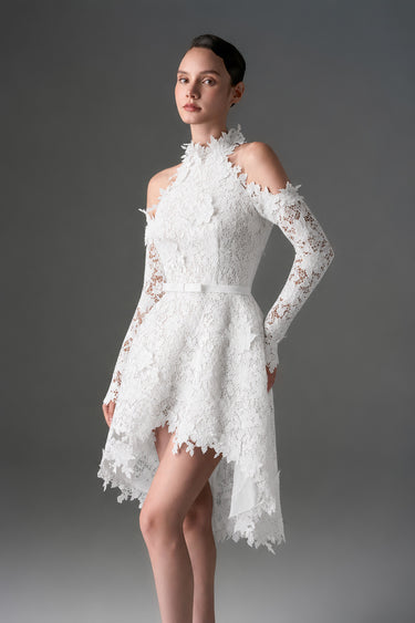 White Floral Vine Lace Mini Mullet Dress With Halter Neck And Long Sleeves - IHF STUDIO