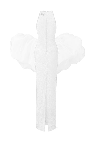 White Mesh Lace Halter-Tie Maxi Dress with Petite Sequin & Crystal Details - IHF STUDIO