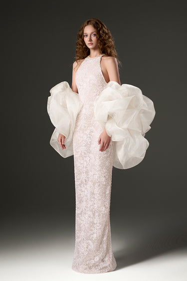 White Mesh Lace Halter-Tie Maxi Dress with Petite Sequin & Crystal Details - IHF STUDIO