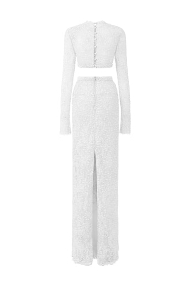 White Mesh Lace Long-Sleeve Crop Top & Beige Mesh Lace Column Skirt Set - IHF STUDIO