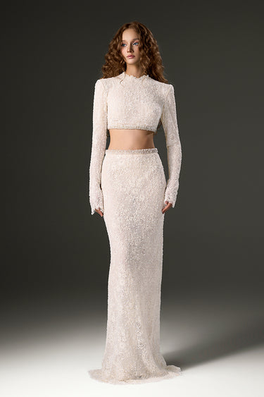 White Mesh Lace Long-Sleeve Crop Top & Beige Mesh Lace Column Skirt Set - IHF STUDIO