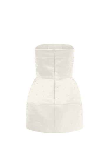 White Taffeta Mini Column Dress with Sequin Floral Embellishment - IHF STUDIO