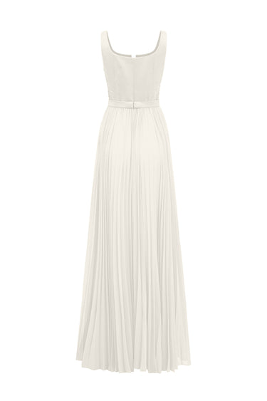 White Taffeta Pleated Chiffon Maxi A-line Gown with Sequin Floral Cape Panel - IHF STUDIO