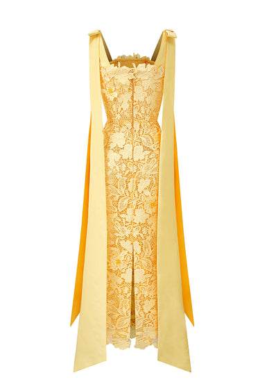 Yellow Floral Garden Lace Column Dress with Bow Straps - IHF STUDIO