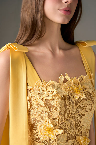 Yellow Floral Garden Lace Column Dress with Bow Straps - IHF STUDIO